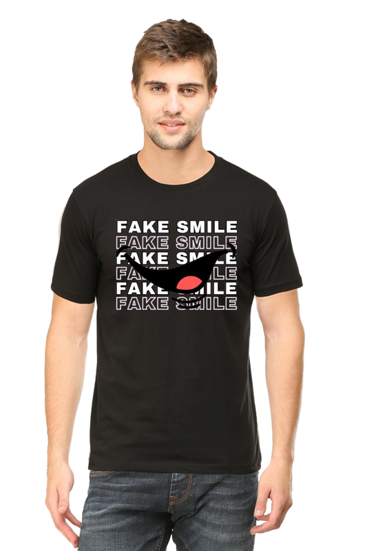 Classic Round Neck T-shirt: 'Fake Smile' Quote with Smiley Design